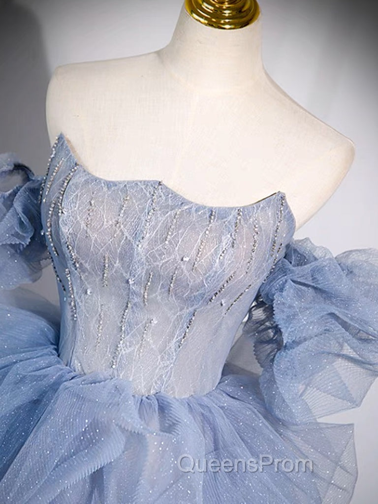 A-line Blue Tulle Long Evening Prom Dress, Blue Long Evening Dress