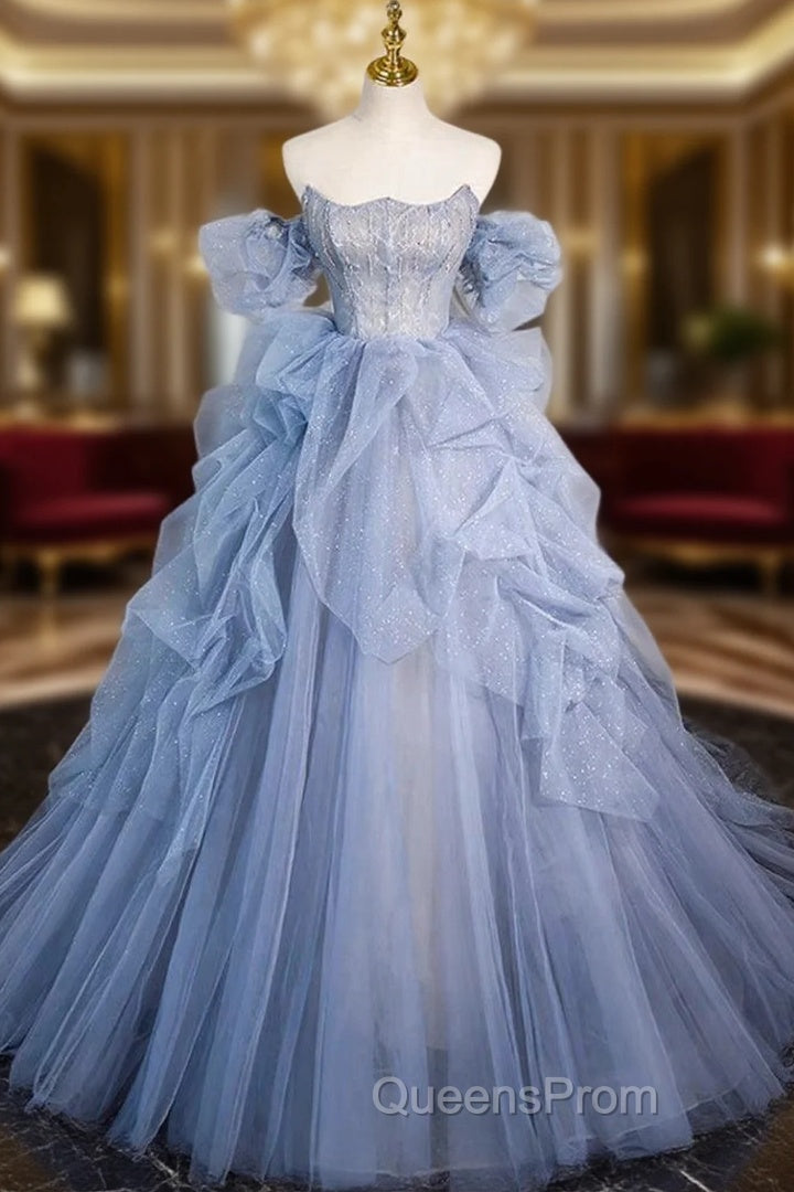 A-line Blue Tulle Long Evening Prom Dress, Blue Long Evening Dress Main image