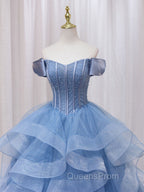 A-Line Blue Tulle Long Evening Prom Dress, Blue Sweet 16 Dress
