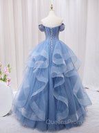 A-Line Blue Tulle Long Evening Prom Dress, Blue Sweet 16 Dress