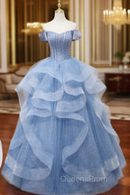A-Line Blue Tulle Long Evening Prom Dress, Blue Sweet 16 Dress