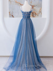 A-Line Blue Tulle Long Evening Prom Dress, Blue Tulle Formal Dress