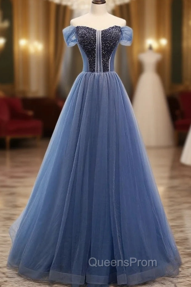 A-Line Blue Tulle Off the Shoulder Beading Evening Prom Dress Main image