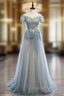 A-Line Blue Tulle Off the Shoulder Short Sleeve Evening Prom Dress