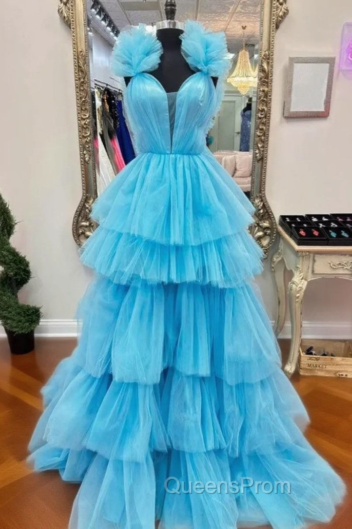A-LIne Blue Tulle Pleats Evening Prom Dress