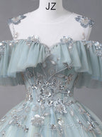 A-Line Blue Tulle sequin Lace Long Evening Prom Dress, Blue Lace Sweet 16 Dress