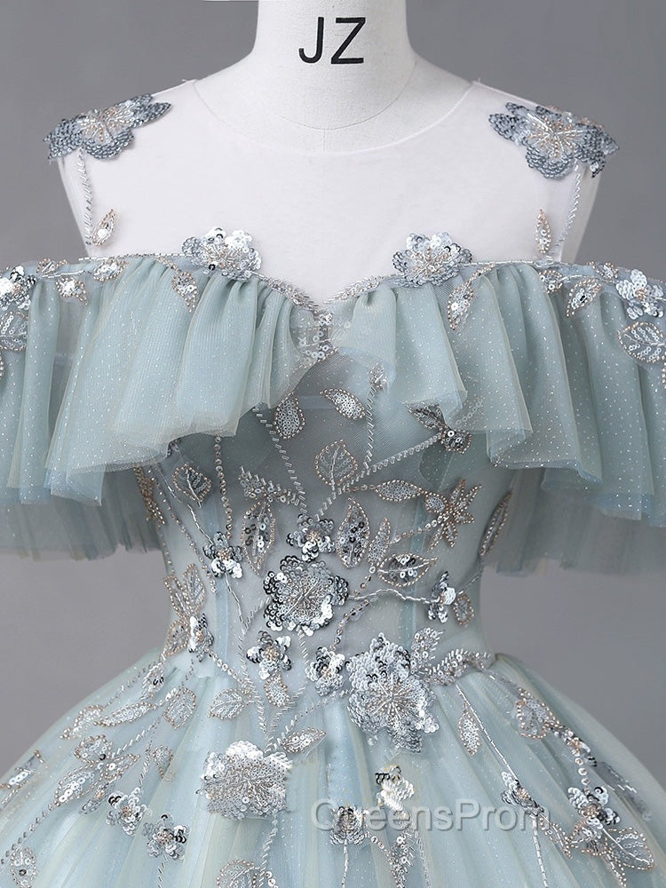 A-Line Blue Tulle sequin Lace Long Evening Prom Dress, Blue Lace Sweet 16 Dress