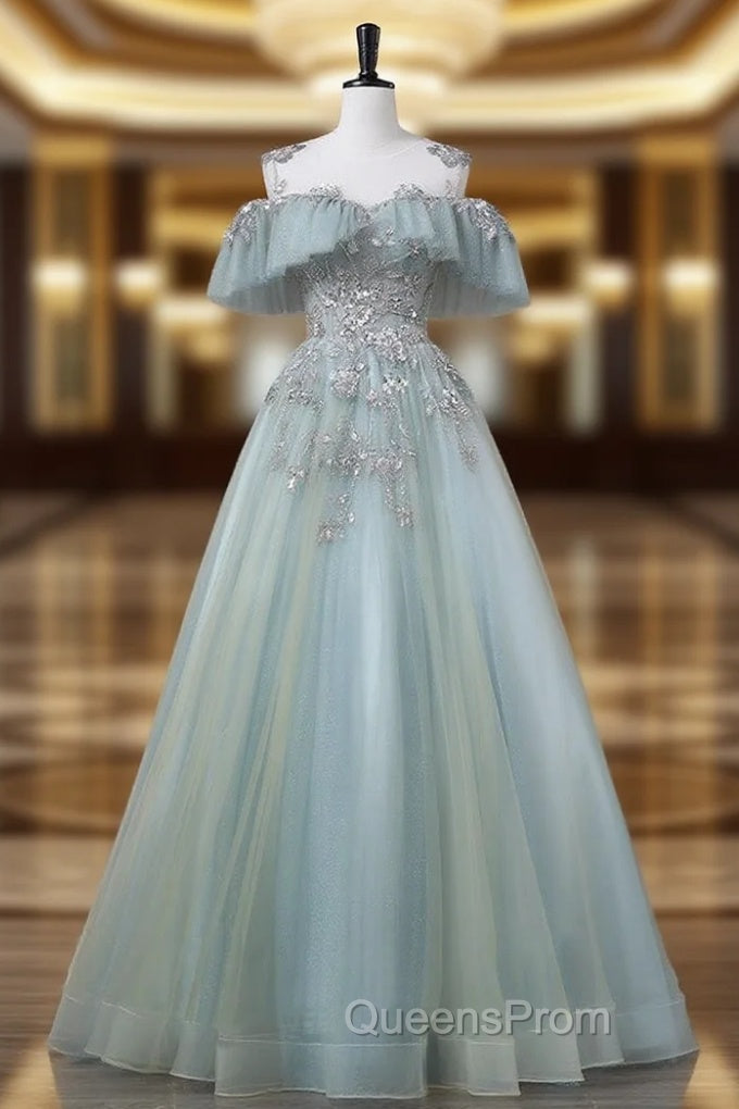 A-Line Blue Tulle sequin Lace Long Evening Prom Dress, Blue Lace Sweet 16 Dress