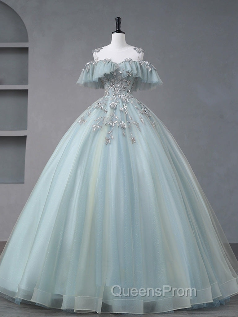 A-Line Blue Tulle sequin Lace Long Evening Prom Dress, Blue Lace Sweet 16 Dress Secondary image