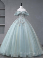 A-Line Blue Tulle sequin Lace Long Evening Prom Dress, Blue Lace Sweet 16 Dress