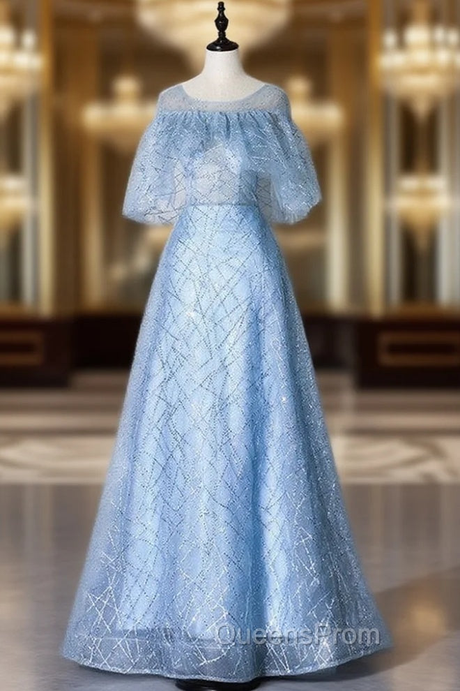 A-Line Blue Tulle Sequins Bat Sleeve Evening Prom Dress Main image