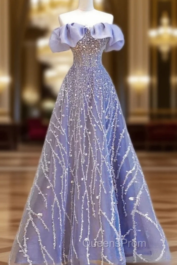 A-Line Blue Tulle Sequins Off the Shoulder Evening Prom Dress Main image