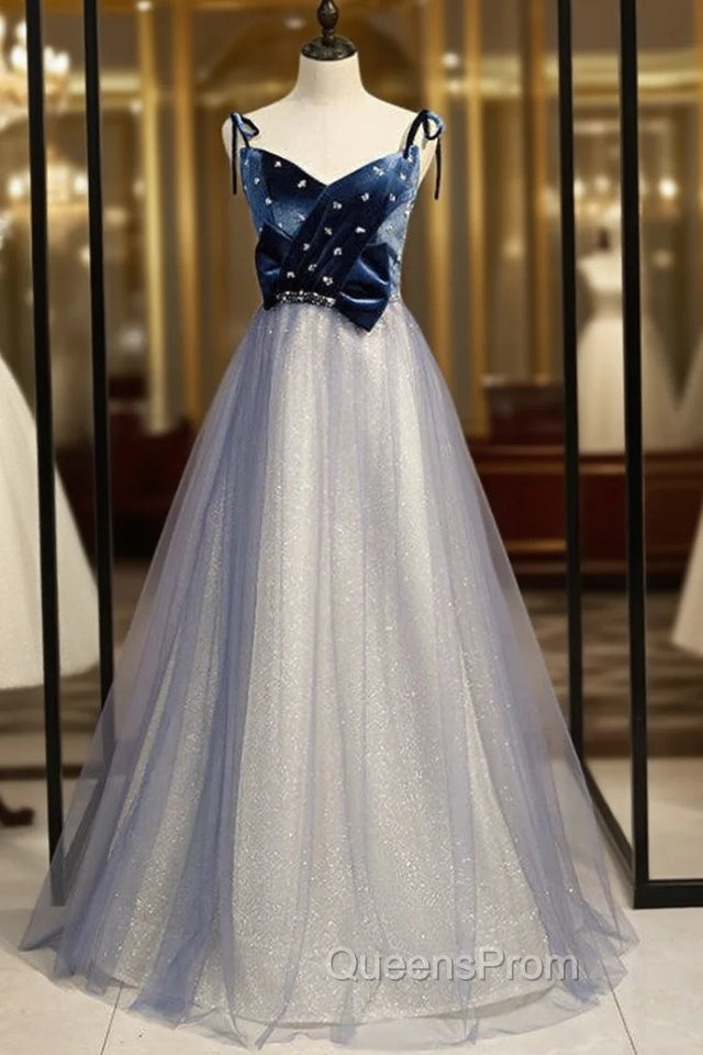 A-Line Blue Tulle Spaghetti Straps Beading Evening Prom Dress 2020 Main image