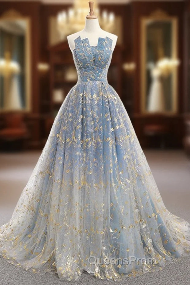 A-Line Blue Tulle Strapless Neck Floor Length Wedding Dress Main image