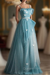 A-line Blue Tulle Straps Long Evening Dress, Blue Long Evening Dress Evening Prom Dress