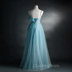 A-line Blue Tulle Straps Long Evening Dress, Blue Long Evening Dress Evening Prom Dress