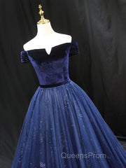 A-Line Blue Tulle Velvet Long Evening Prom Dress, Blue Formal Evening Dress