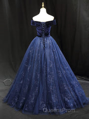 A-Line Blue Tulle Velvet Long Evening Prom Dress, Blue Formal Evening Dress