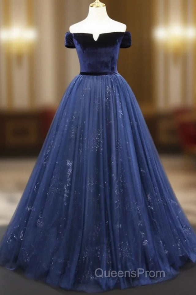 A-Line Blue Tulle Velvet Long Evening Prom Dress, Blue Formal Evening Dress Main image