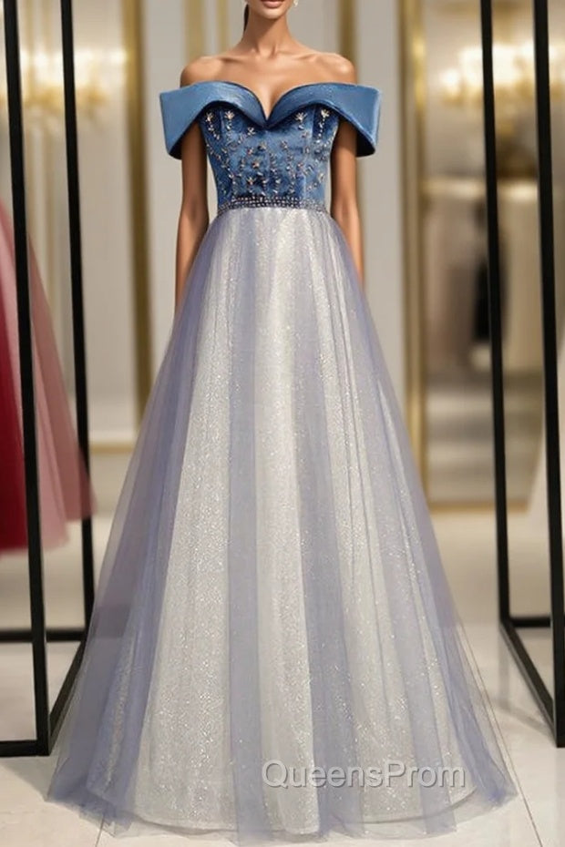 A-Line Blue Tulle Velvet Off the Shoulder Beading Evening Prom Dress Main image