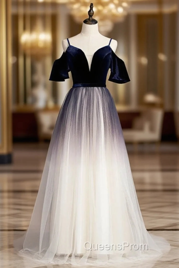 A-Line Blue Velvet Tulle Spagehtti Straps Long Evening Prom Dress
