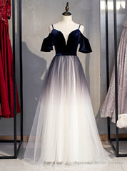 A-Line Blue Velvet Tulle Spagehtti Straps Long Prom Dress