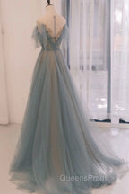 A-line Blue with Lace Applique Party Dress, Long Blue Evening Dress Evening Prom Dress