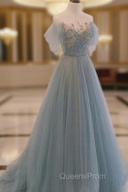 A-line Blue with Lace Applique Party Dress, Long Blue Evening Dress Evening Prom Dress
