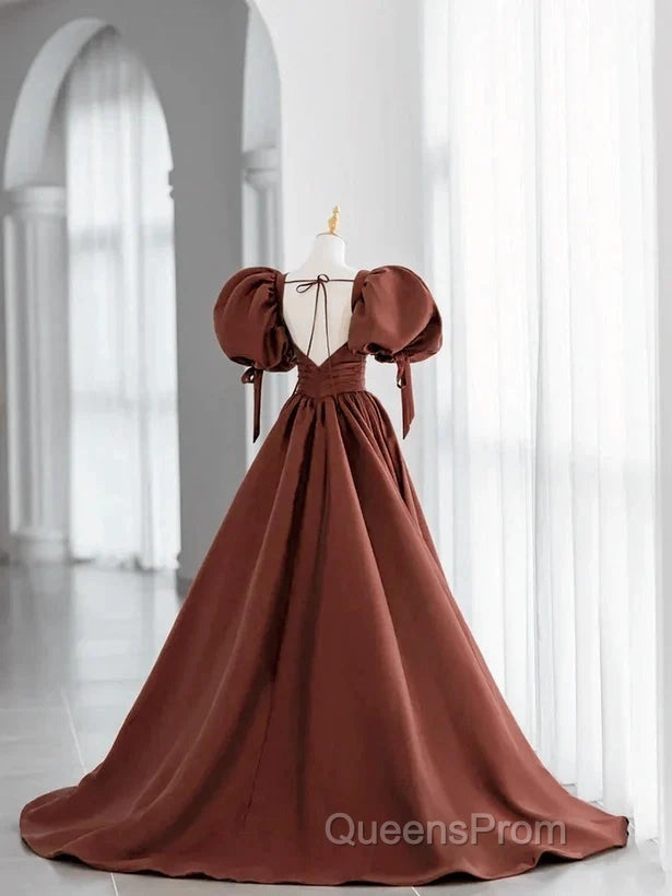 A-Line Brown Satin Ball Gown Short Sleeves Long Party Dress V-Neckline Evening Prom Dress Secondary image
