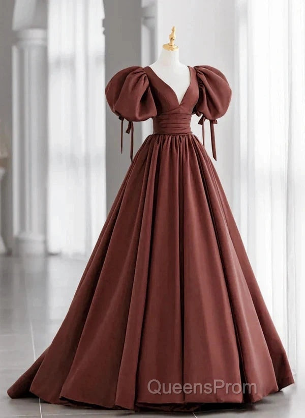 A-Line Brown Satin Ball Gown Short Sleeves Long Party Dress V-Neckline Evening Prom Dress