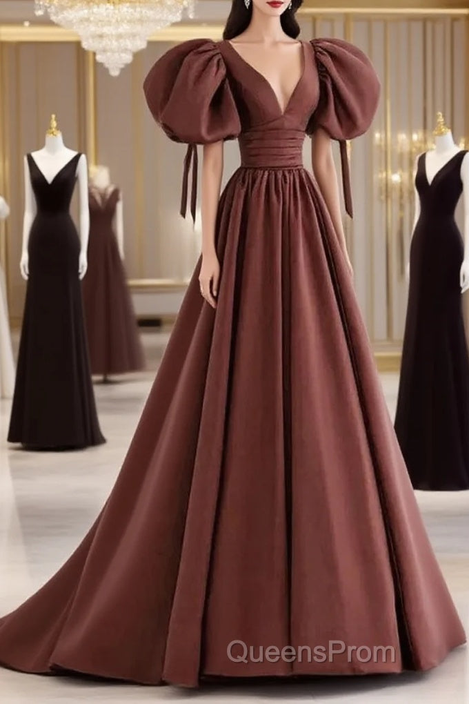 A-Line Brown Satin Ball Gown Short Sleeves Long Party Dress V-Neckline Evening Prom Dress Main image