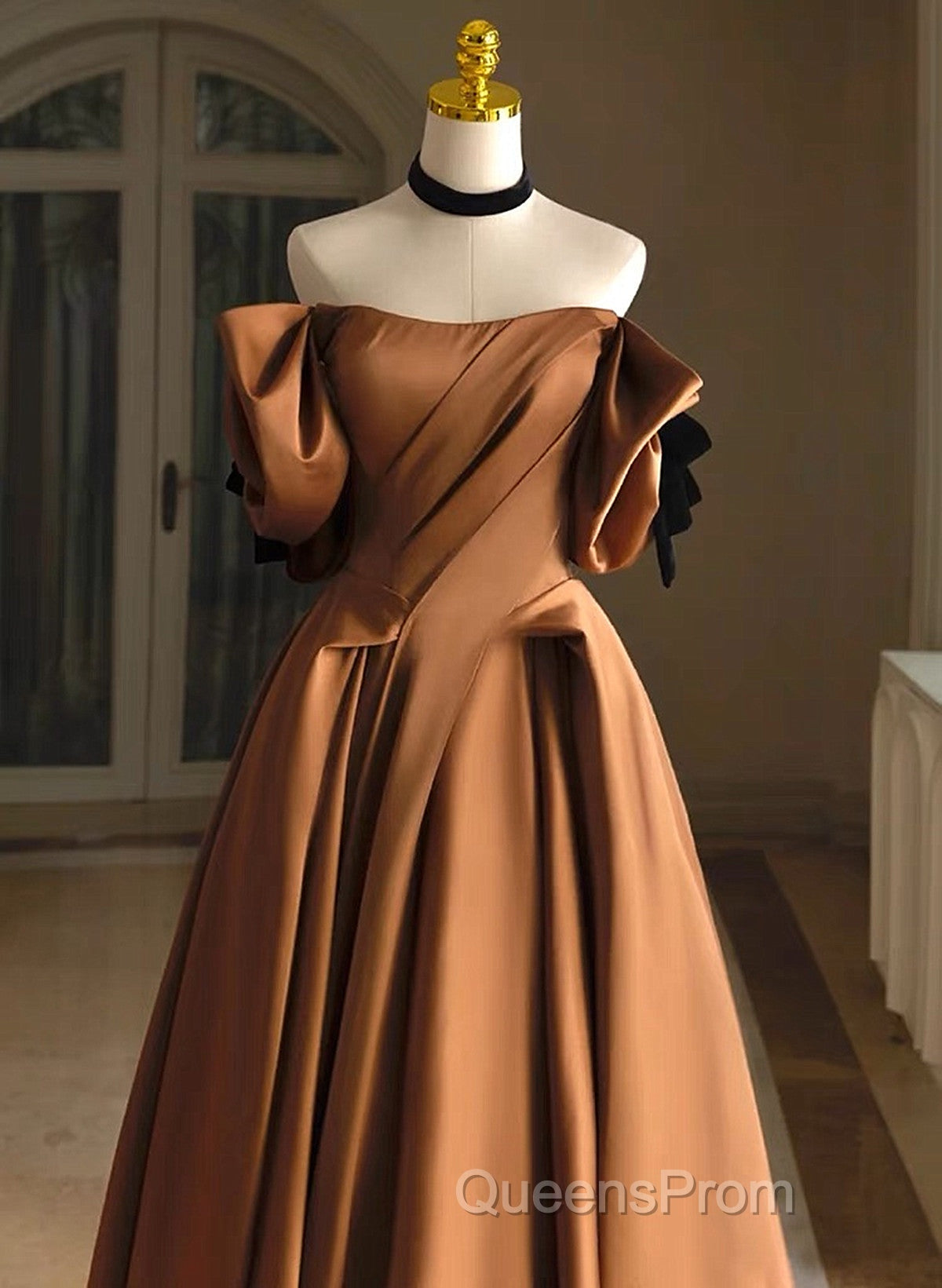 A-Line Brown Satin Off Shoulder Scoop Long Evening Prom Dress, Satin Evening Dress Secondary image