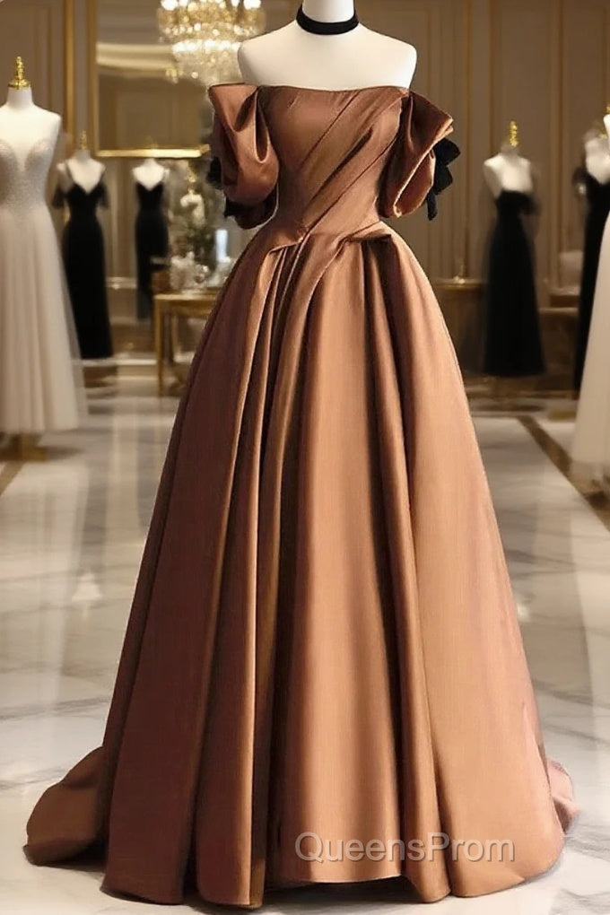A-Line Brown Satin Off Shoulder Scoop Long Evening Prom Dress, Satin Evening Dress Main image