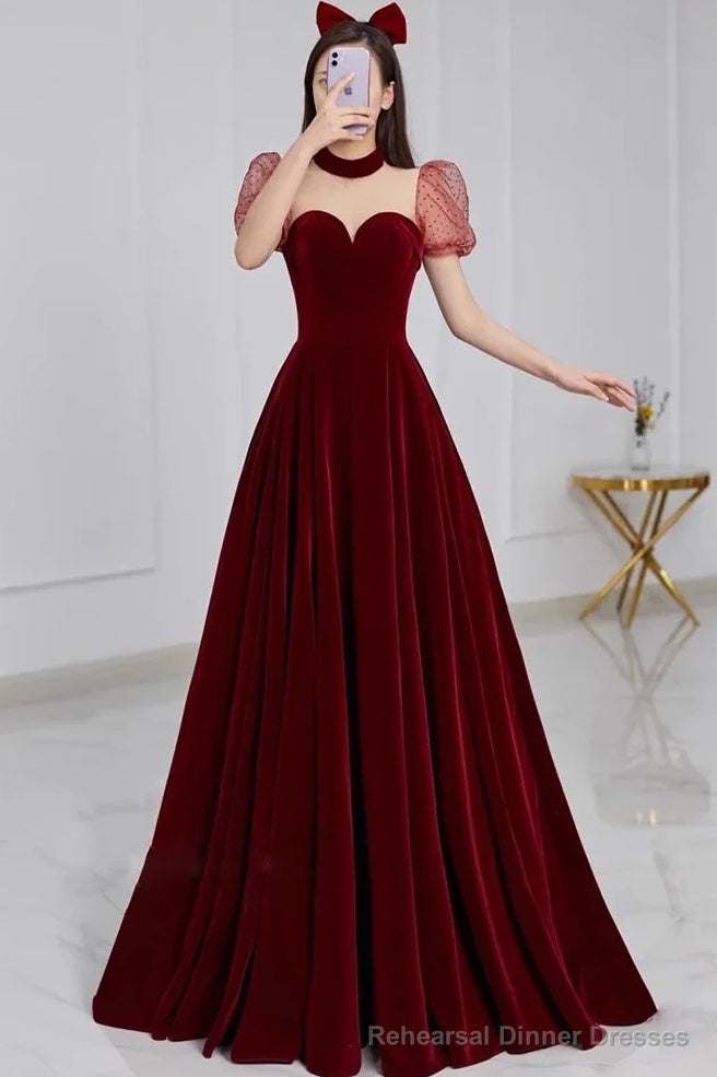 A line Burgundy Evening Party Dress Velvet Long Prom Dress Main image