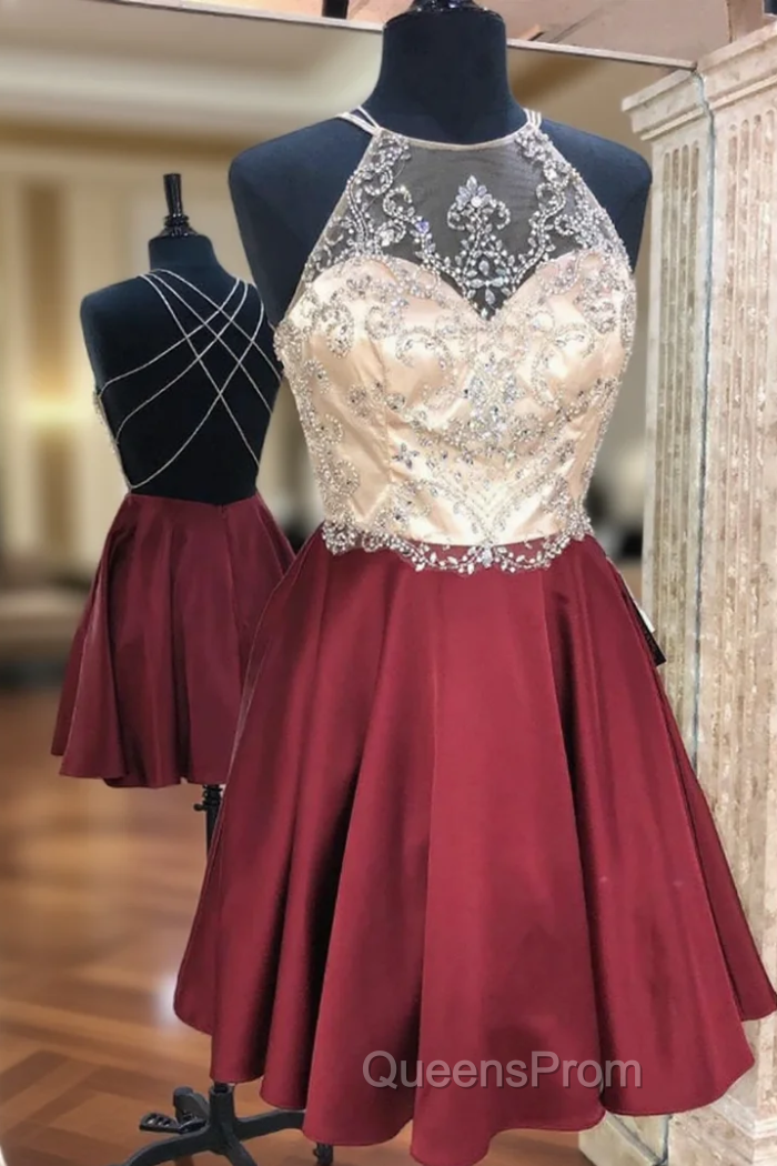 A-Line Burgundy Halter Beading Crytsal Homecoming Dress