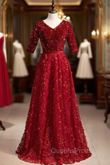 A-Line Burgundy Lace Sequins V-neck Short Sleeve Evening Prom Dress