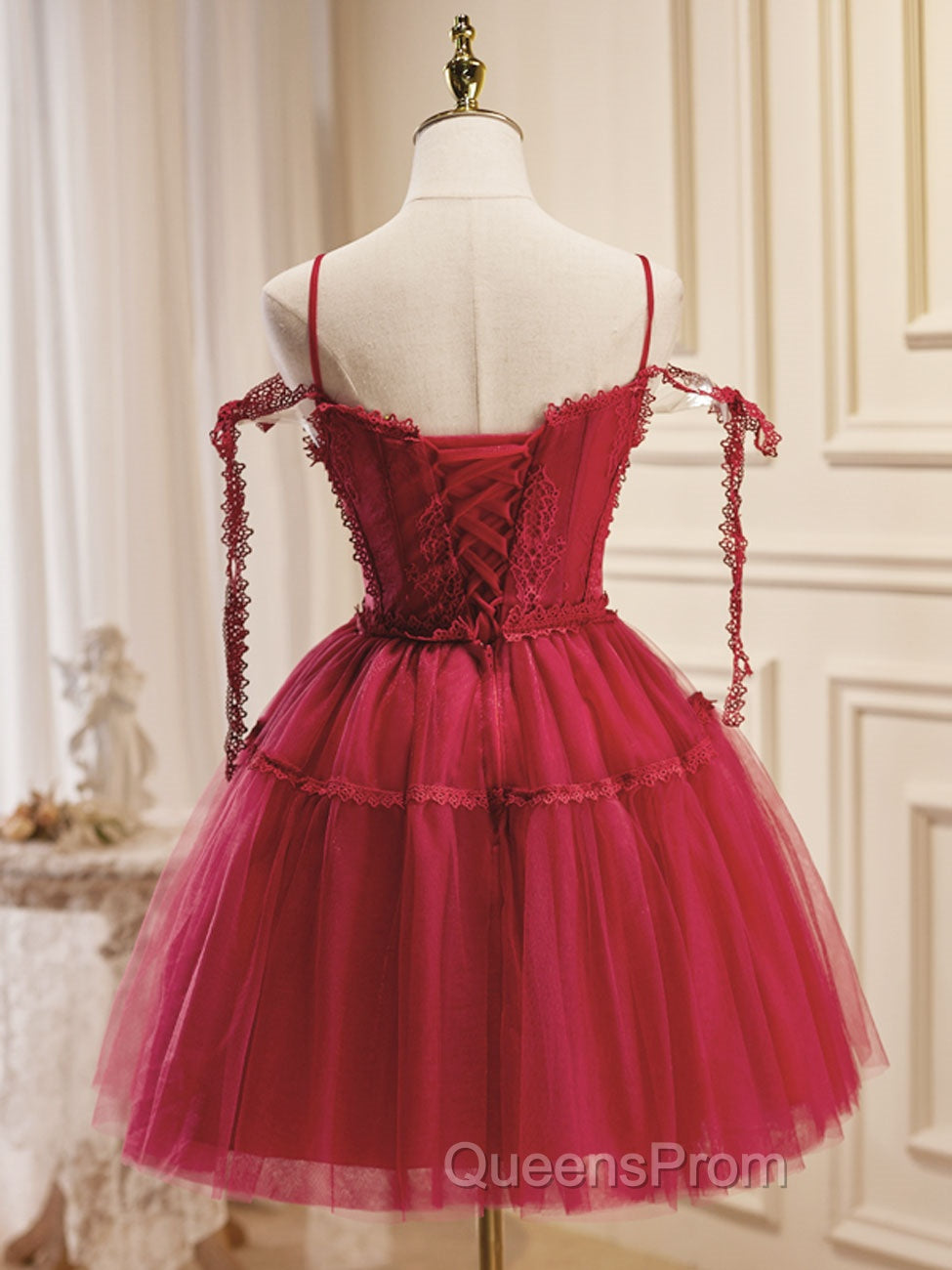 A-Line Burgundy Lace Short Evening Prom Dress, Burgundy Puffy Homecoming Dress Secondary image