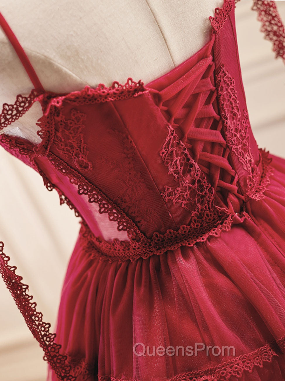 A-Line Burgundy Lace Short Evening Prom Dress, Burgundy Puffy Homecoming Dress