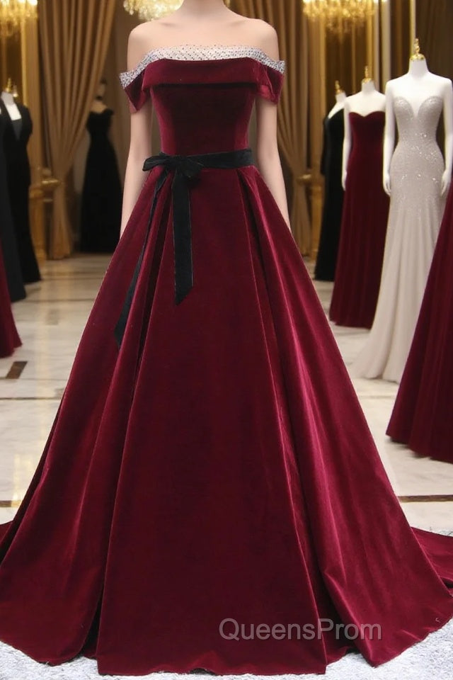 A-Line Burgundy Long Evening Prom Dress, Burgundy Formal Evening Dress Main image