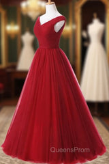 A Line Burgundy Long V-neck Tulle Evening Prom Dress