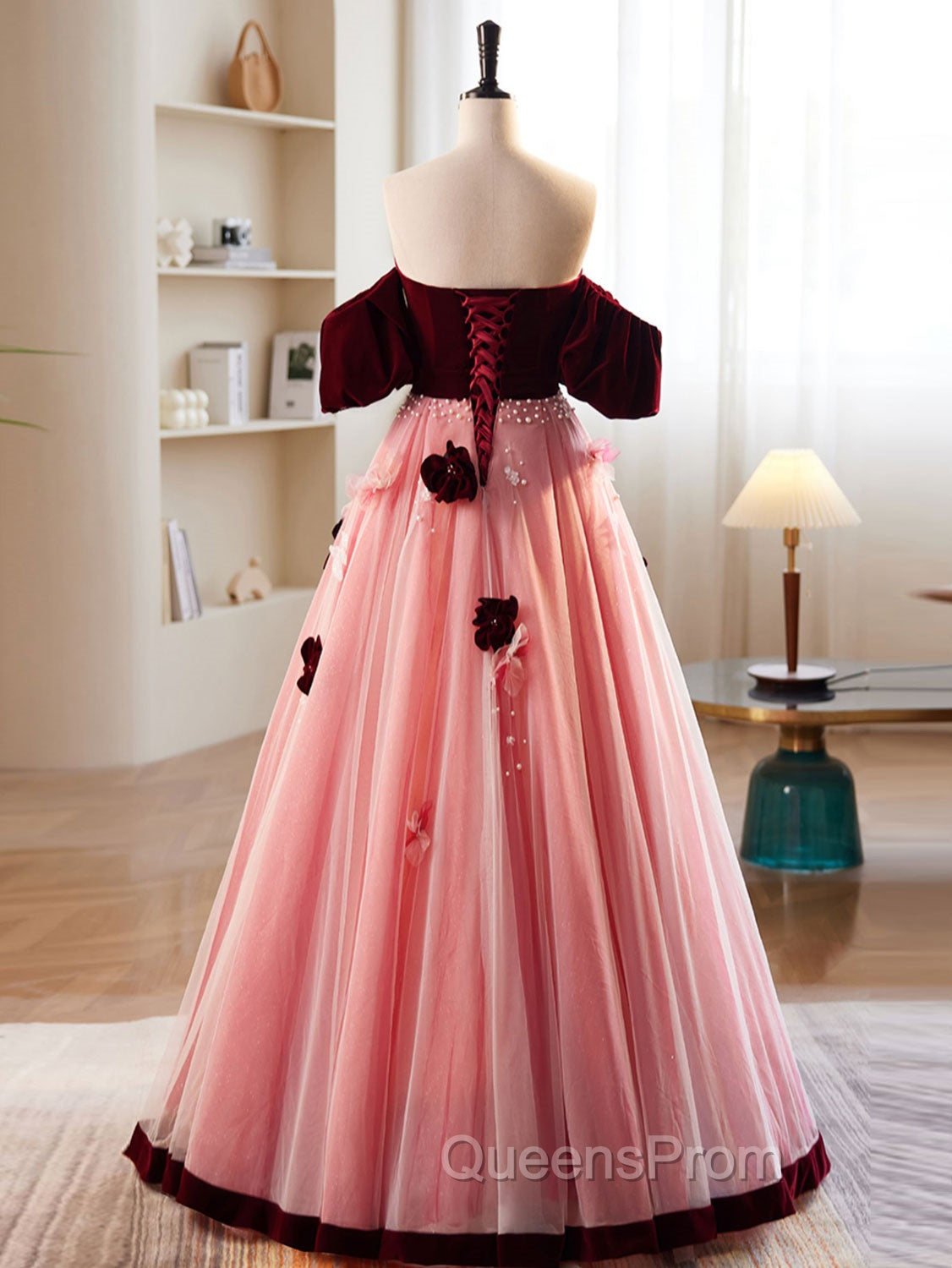 A-Line Burgundy/Pink Tulle Velvet Long Evening Prom Dress, Burgundy Evening Dress Secondary image