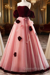 A-Line Burgundy/Pink Tulle Velvet Long Evening Prom Dress, Burgundy Evening Dress