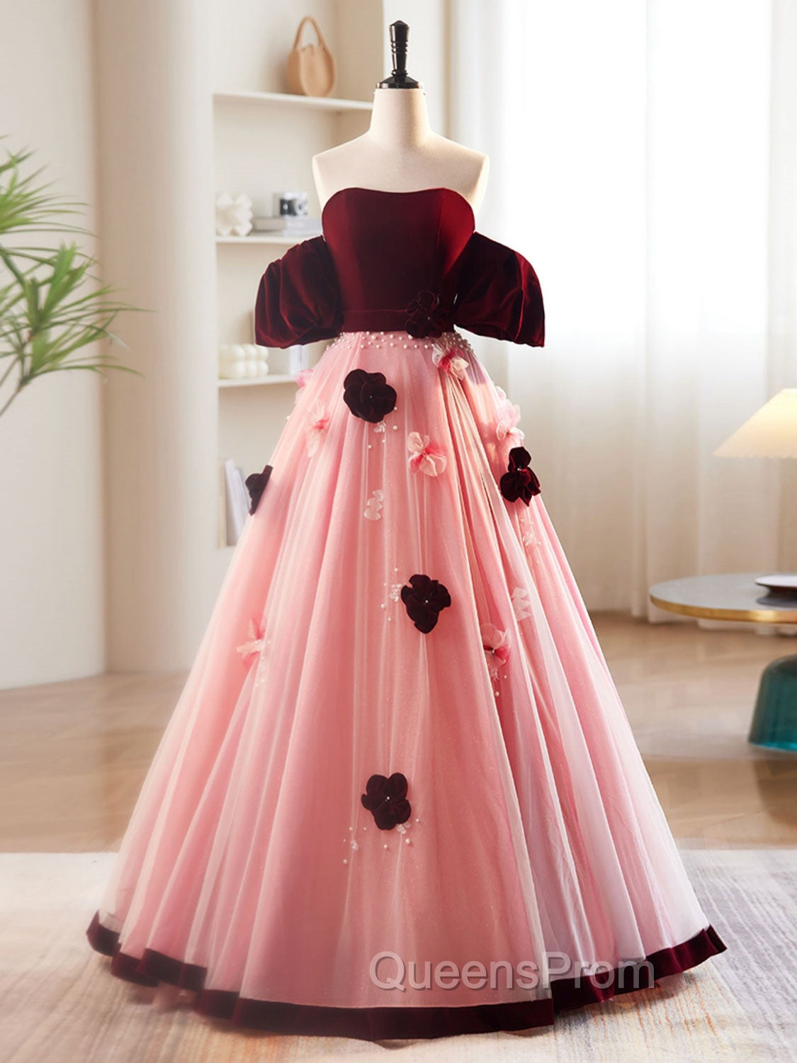 A-Line Burgundy/Pink Tulle Velvet Long Evening Prom Dress, Burgundy Evening Dress Main image