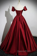 A-Line Burgundy Satin Floor Length Evening Prom Dress, Off the Shoulder New Party Dress