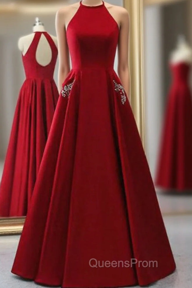 A Line Burgundy Satin Halter Open Back Evening Dress With Pocket Main image