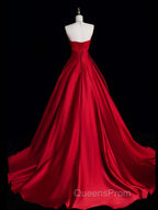 A-Line Burgundy Satin Long Evening Prom Dress, Burgundy Long Evening Dress