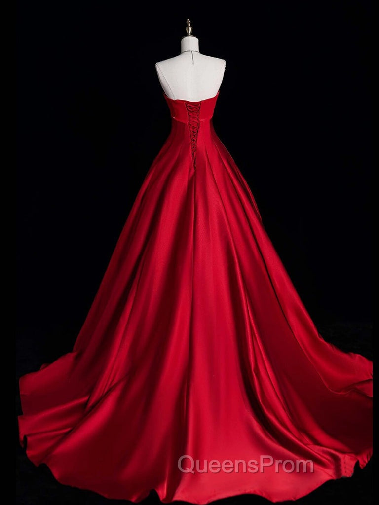 A-Line Burgundy Satin Long Evening Prom Dress, Burgundy Long Evening Dress