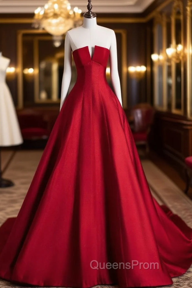A-Line Burgundy Satin Long Evening Prom Dress, Burgundy Long Evening Dress