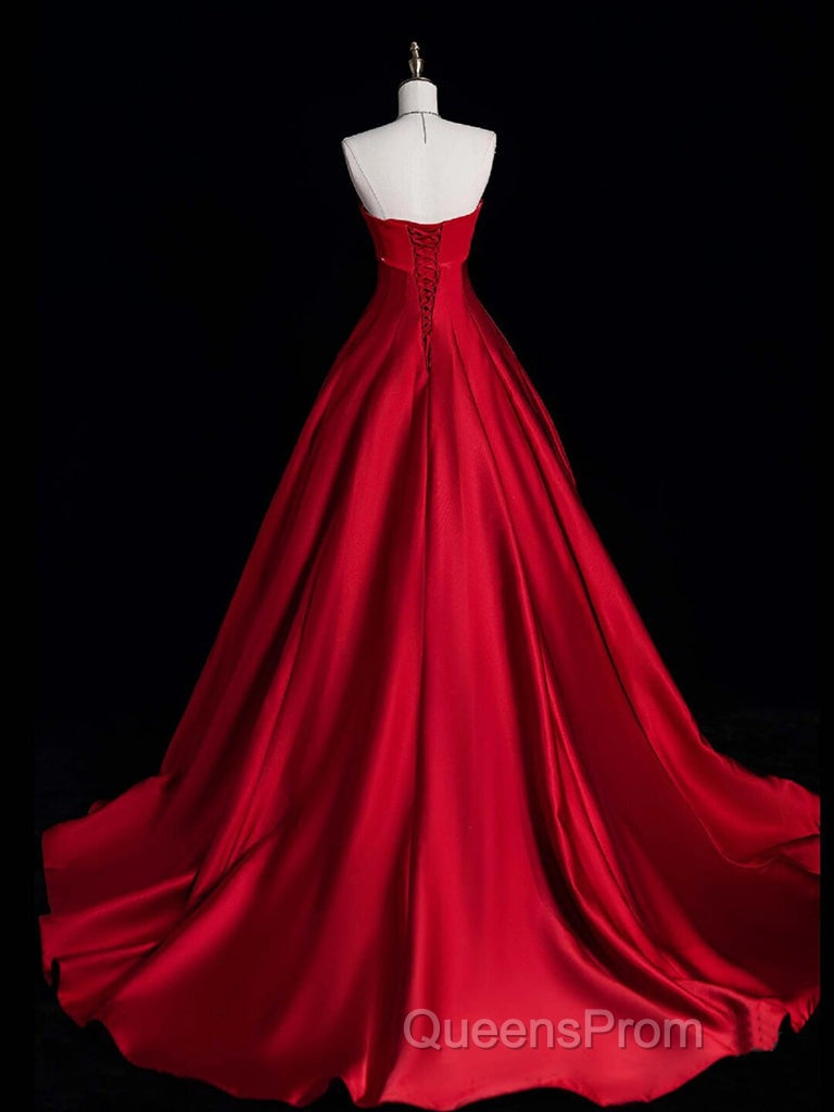 A-Line Burgundy Satin Long Evening Prom Dress, Burgundy Long Formal Dress