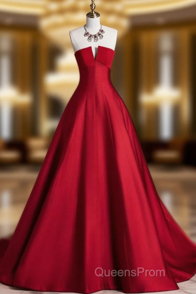 A-Line Burgundy Satin Long Evening Prom Dress, Burgundy Long Formal Dress Main image
